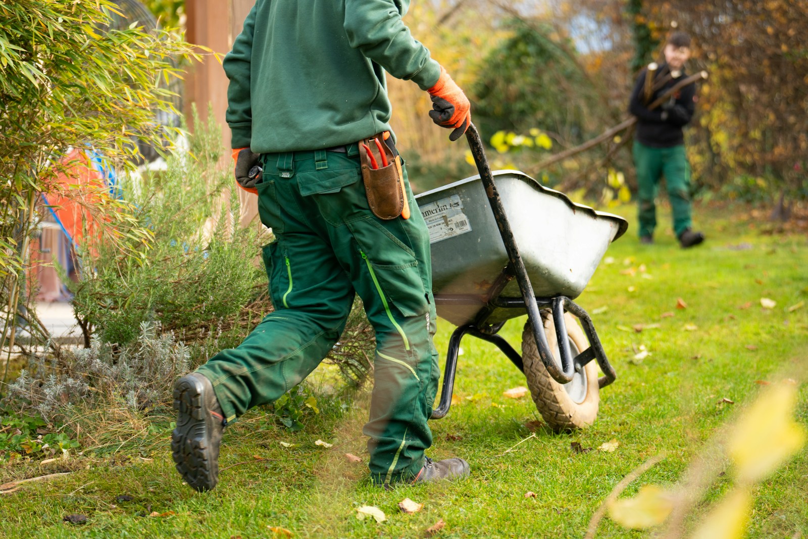 A man pushing a wheelbarrow and performing lawn care services