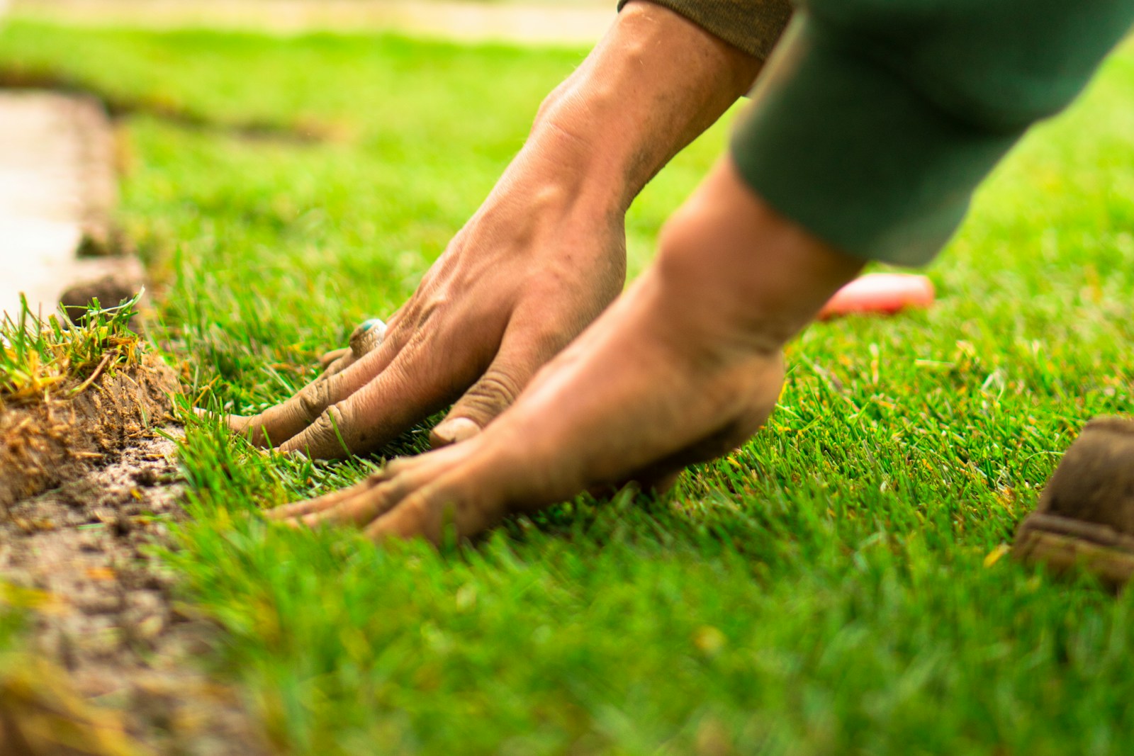 A close up of a person's hands on the grass